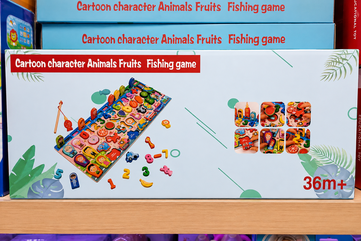 Tablero Montessori de Encaje con Pesca Magnética, Números, Animales y Frutas