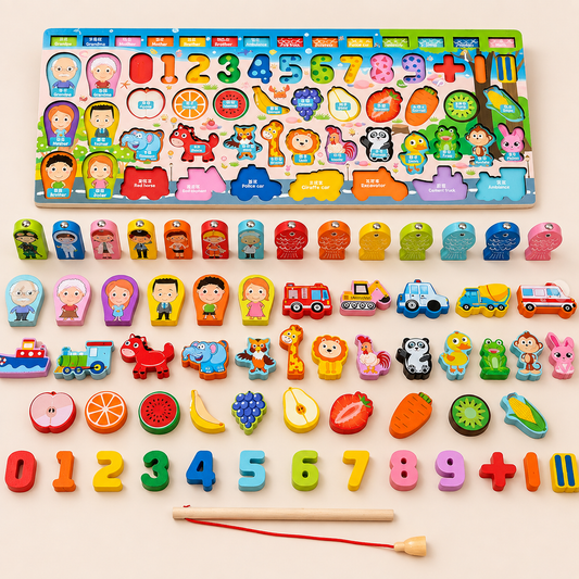 Tablero Montessori de Encaje con Pesca Magnética, Números, Animales y Frutas