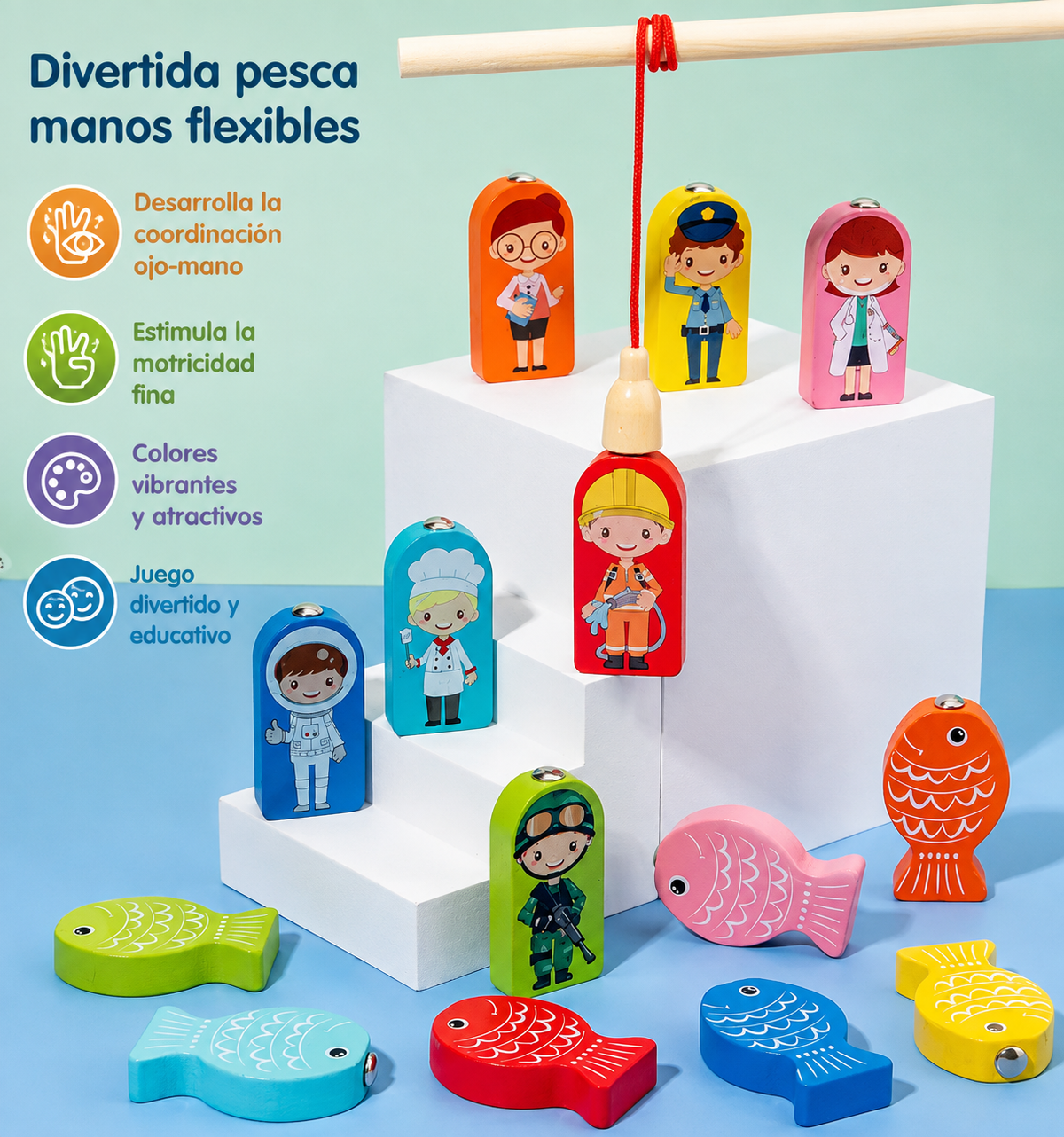 Tablero Montessori de Encaje con Pesca Magnética, Números, Animales y Frutas