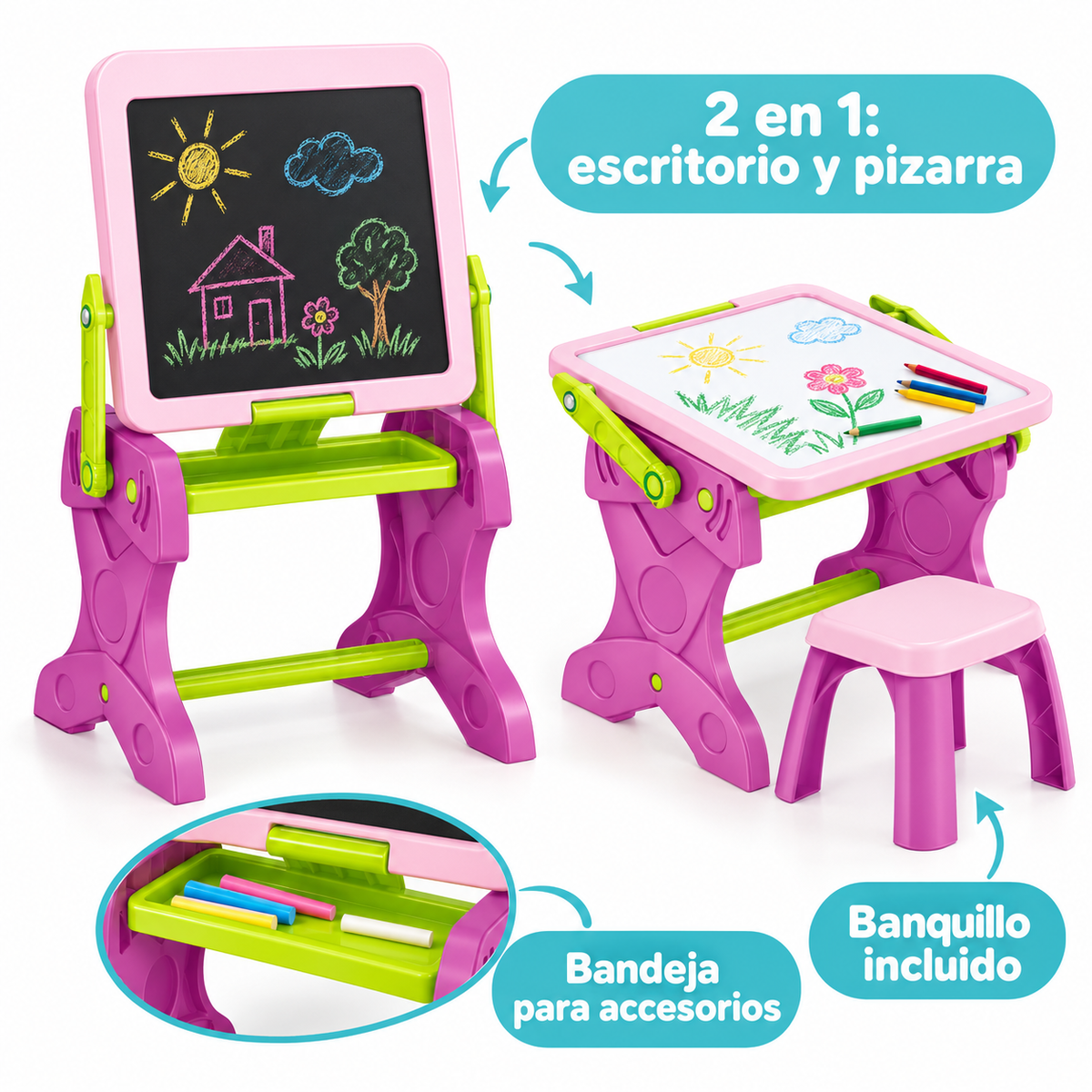 Escritorio y Pizarra Infantil 2 en 1 con Banquillo