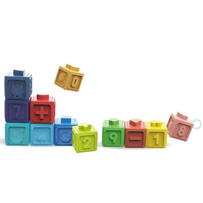 Set de 12 Cubos de Silicona Apilables con Números, Formas y Animales