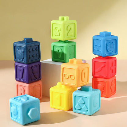Set de 12 Cubos de Silicona Apilables con Números, Formas y Animales