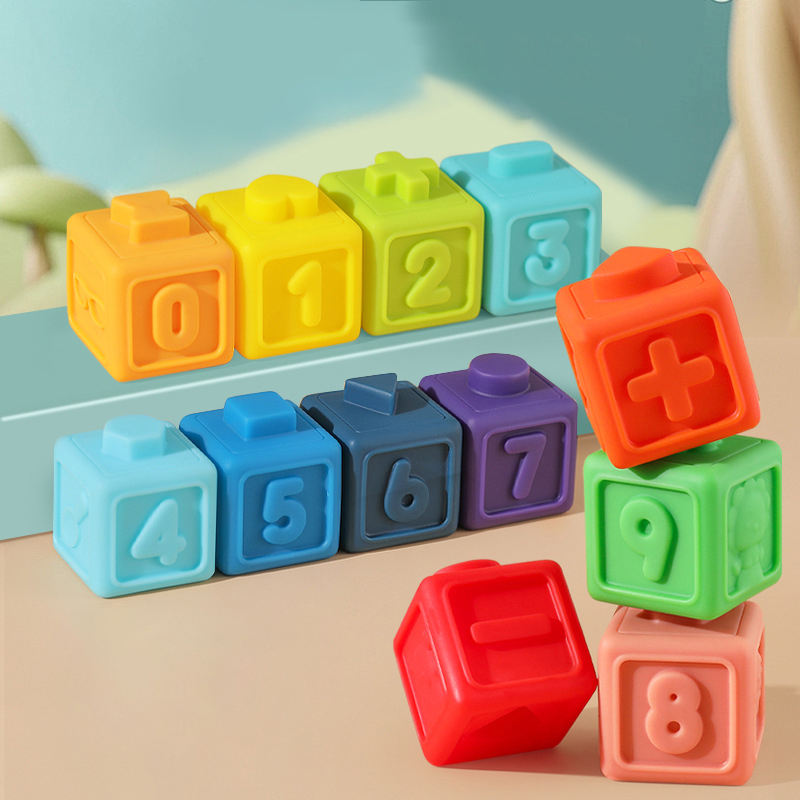 Set de 12 Cubos de Silicona Apilables con Números, Formas y Animales