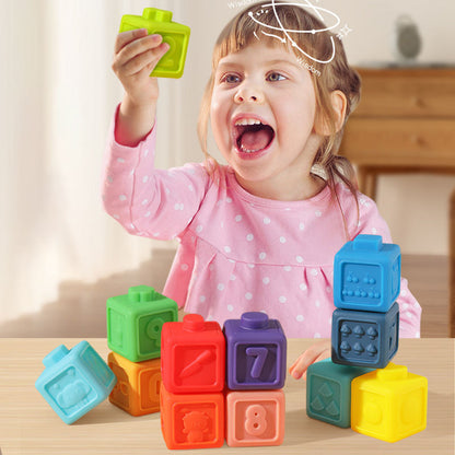 Set de 12 Cubos de Silicona Apilables con Números, Formas y Animales