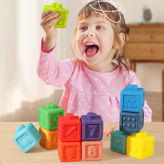 Set de 12 Cubos de Silicona Apilables con Números, Formas y Animales