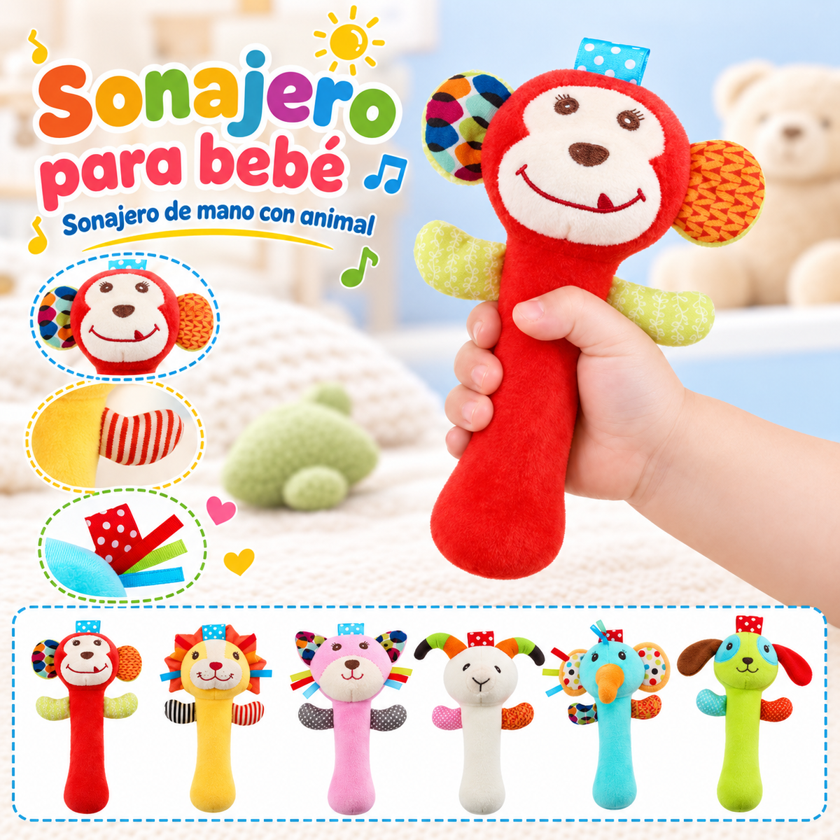 Sonajero de Peluche para Bebé – Animalitos Sensoriales